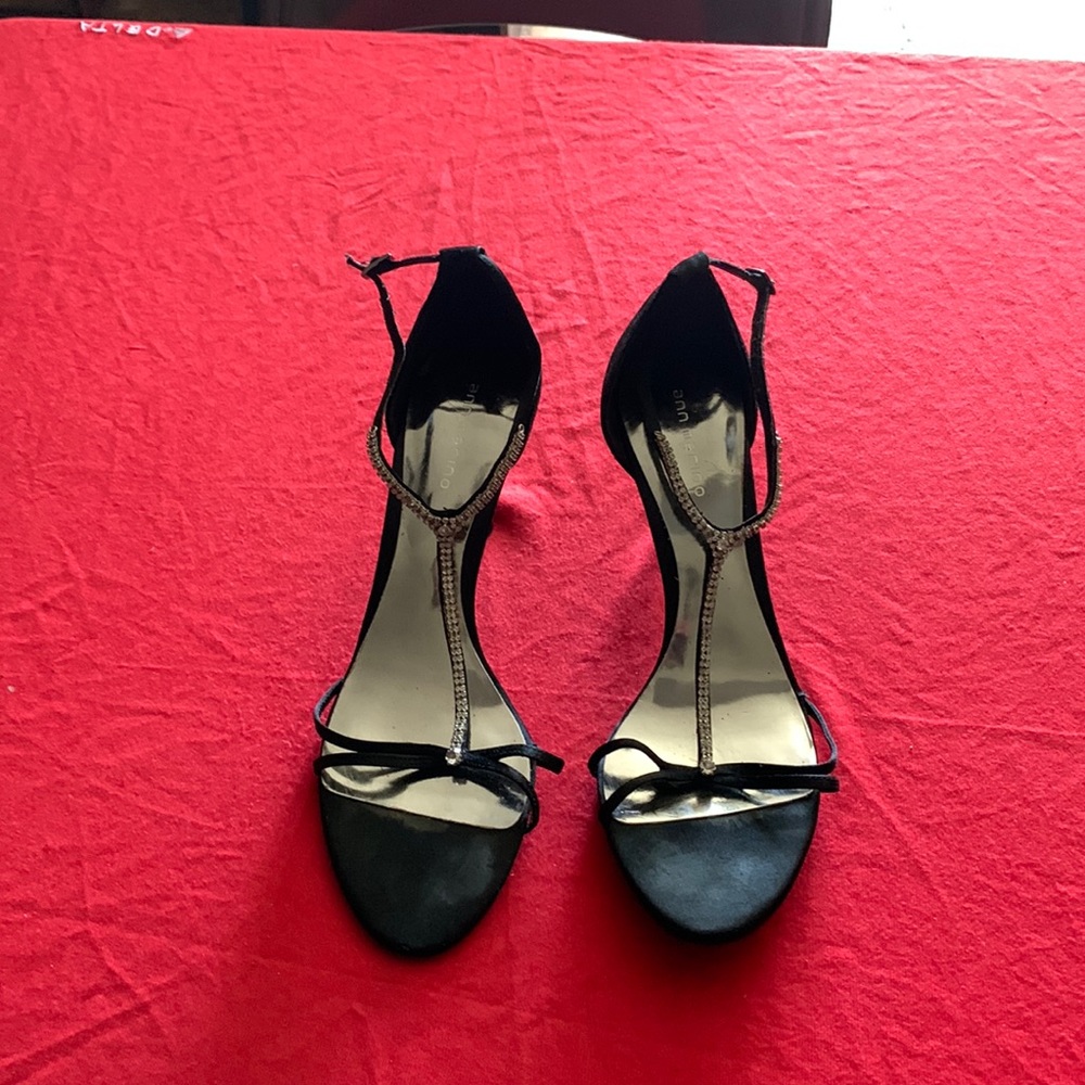 Black satin strapped dress shoes with rhinestones along the straps 2” size 10